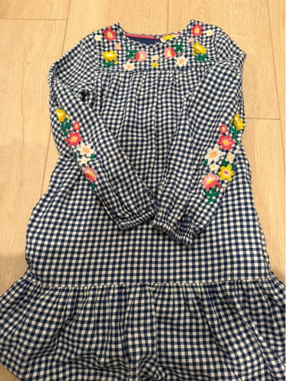 Mini Boden Navy Gingham Long Sleeve Flower Dress